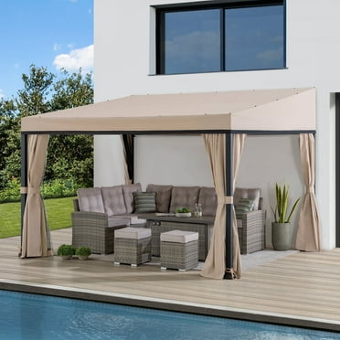 Sunjoy 10 x 12 ft Wall Mounted Gazebo with Weather Resistant Fabric Roof, Black Aluminum & Metal Frame Lean to Gazebo with Curtains and Netting