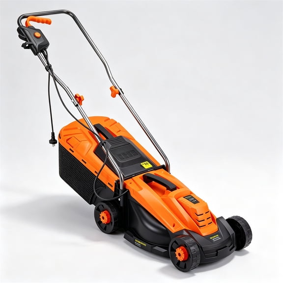 ENTU Orange Corded Electric Push Lawn Mower with Grass Bag Foldable Design for Small Yard Maintenance