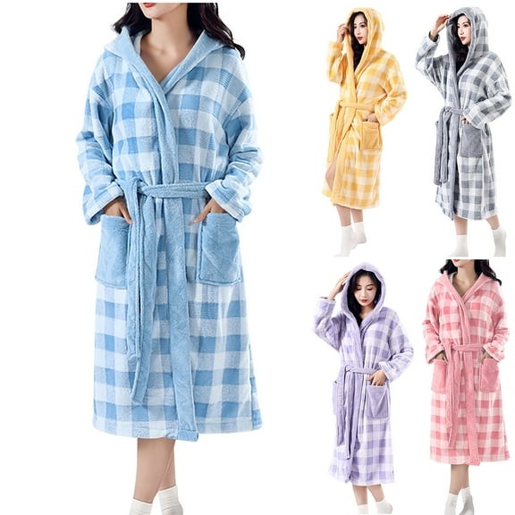 Xuniizn Womens Robes Plush Fleece Stripe Hooded Bathrobe Warm Cozy Thick Nightgown with Pockets Fluffy Sleepwear Bandage Bath Robe with Pockets