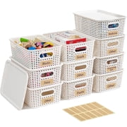 VOZOGO 10PCS Small Plastic Storage Baskets with Lid Stackable Bins with Labels Container for Organizing Storage Box for Shelves Office Cabinet Drawer,Cream White