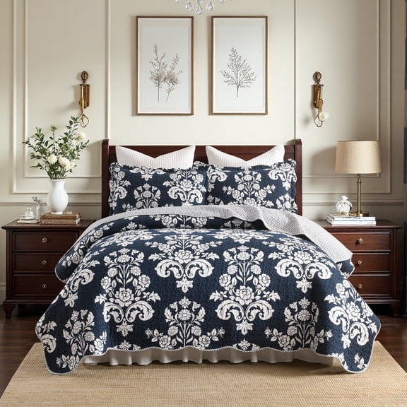 Quilt Set Queen Size 3 Pieces, 100% Cotton Navy Blue Lightweight Quilted Bedspread, Reversible Damask Floral  Bedding Set for All Season