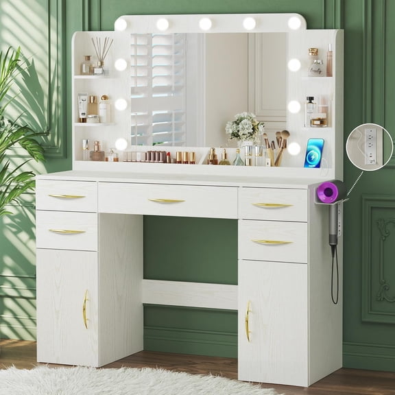 45.5" Vanity Desk with Mirror and Lights, Makeup Vanity with Lights 3 Models Settings & Power Outlet, Vanity Desk with 5 Drawers, 2 Cabinets, Shelves, Makeup Vanity for Bedroom, Antique White