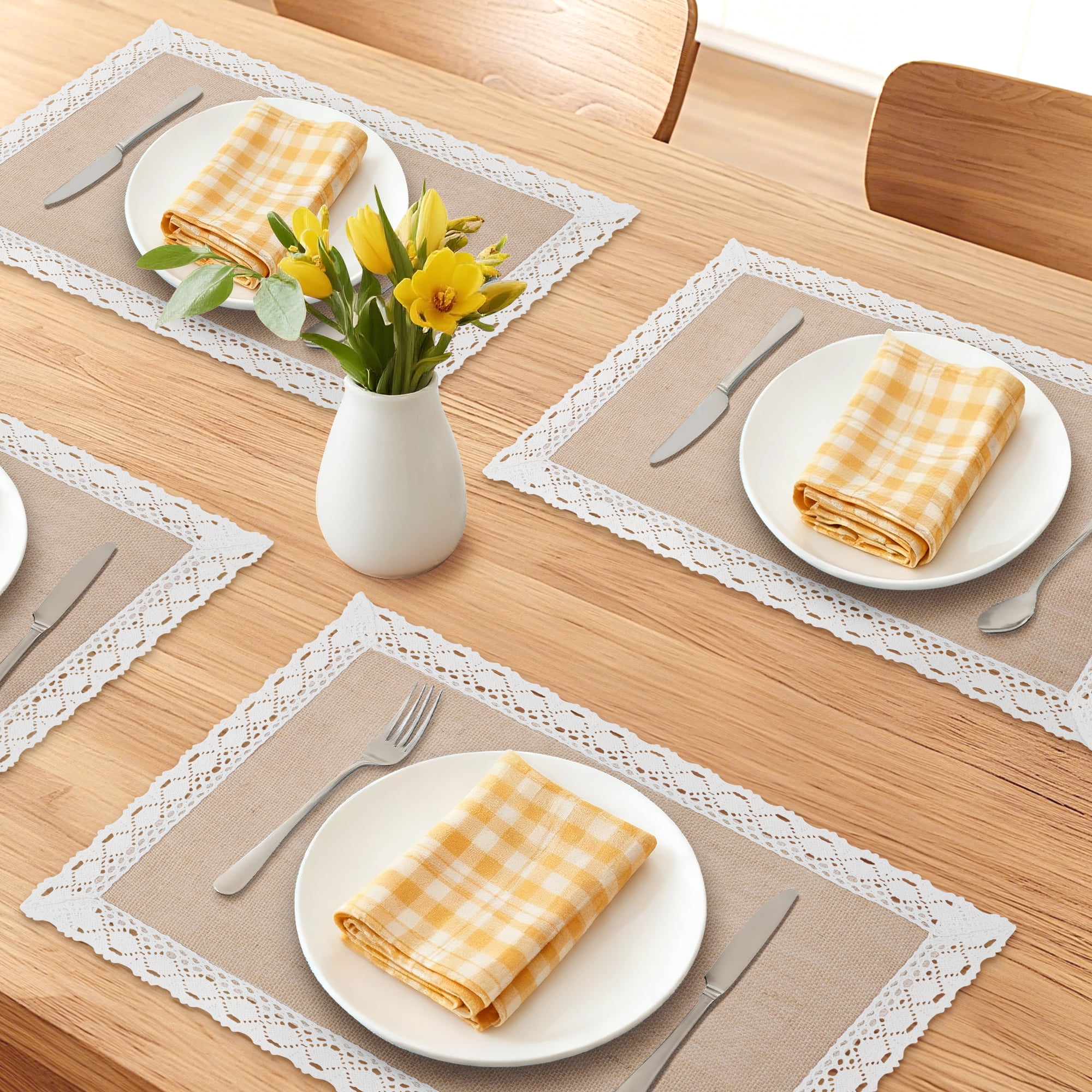Unique Bargains Farmhouse Placemats 6pcs Jute Placemats Wide Lace 17.7"x11.8"