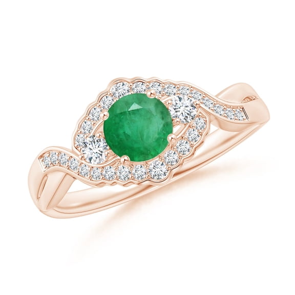 ANGARA Natural Aeon Emerald & Diamond Floral Halo Three Stone Engagement Ring in 14K Rose Gold for Women (Size-5mm) | May Birthstone, Anniversary, Jewelry Gift for Women | Natural Emerald Ring