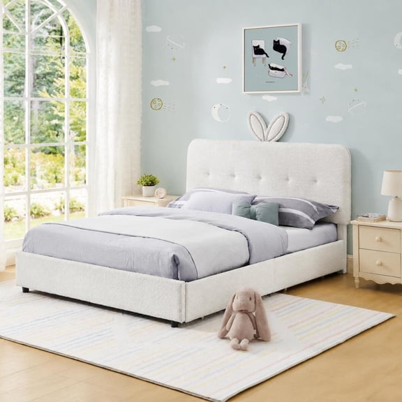 Kids Upholstered Bed, Full Size with Oversized Rabbit Ear Headboard, LED Light & 4 Storage Drawers, Boucle Fabric, 79.5'' x 55.75'' x 41