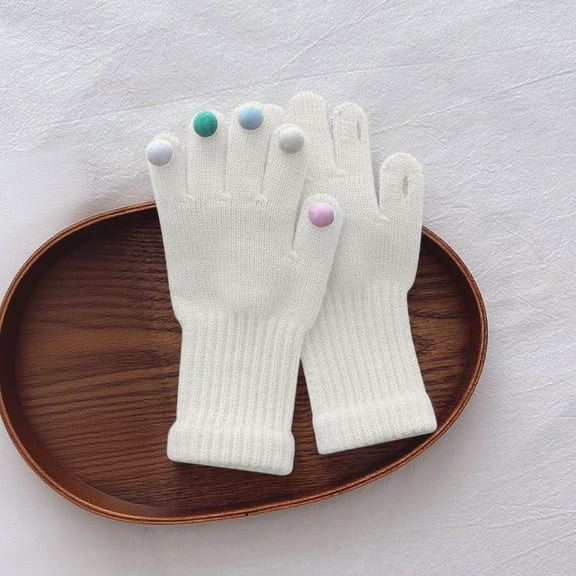 workcargo Cozy Knit Gloves with Pom Poms - White, Free Size, Juniors | Stylish Winter Accessories for Teens & Young Adults | Warm Windproof Cuffs