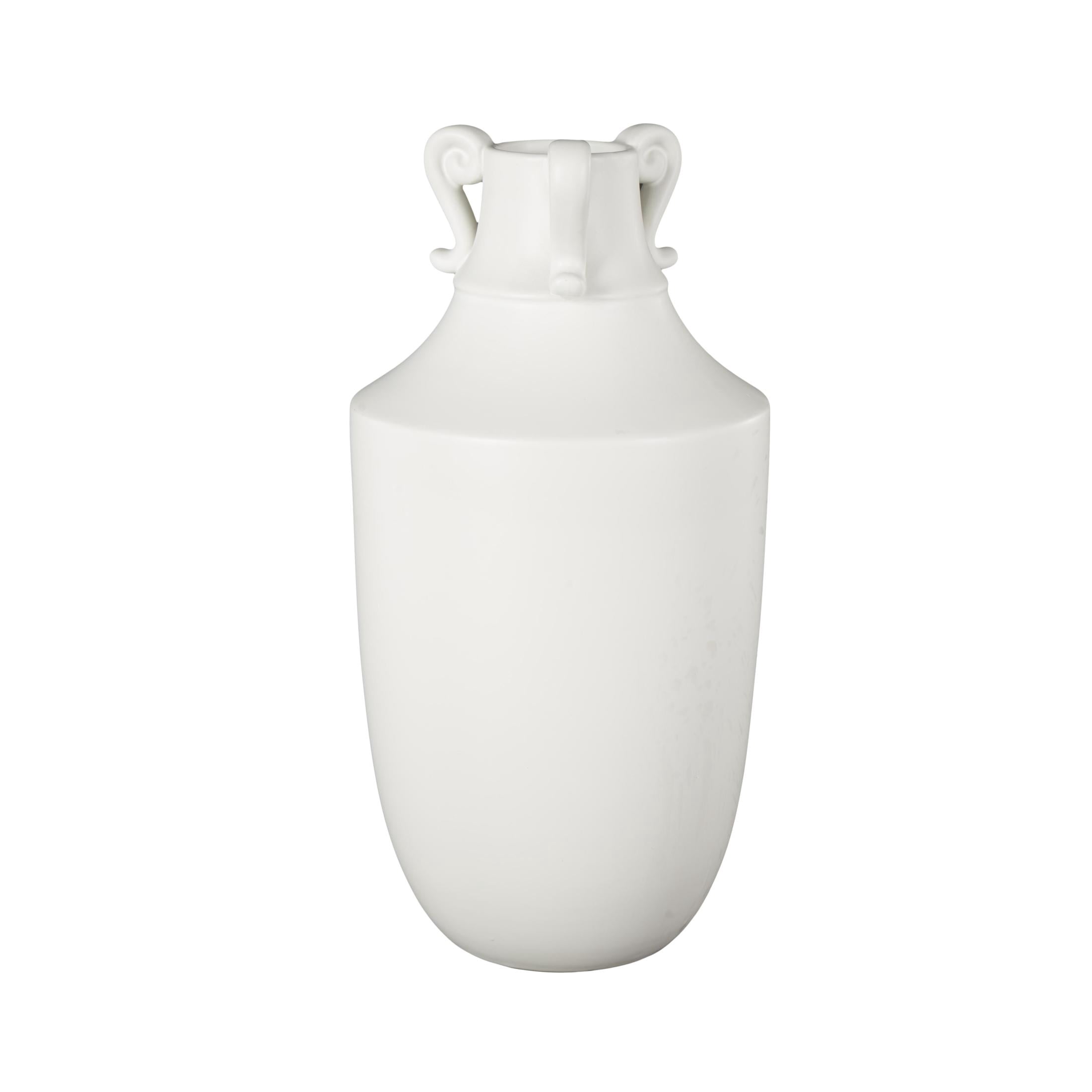 DecMode 16" Scroll Sleek Amphora White Ceramic Vase with Handles