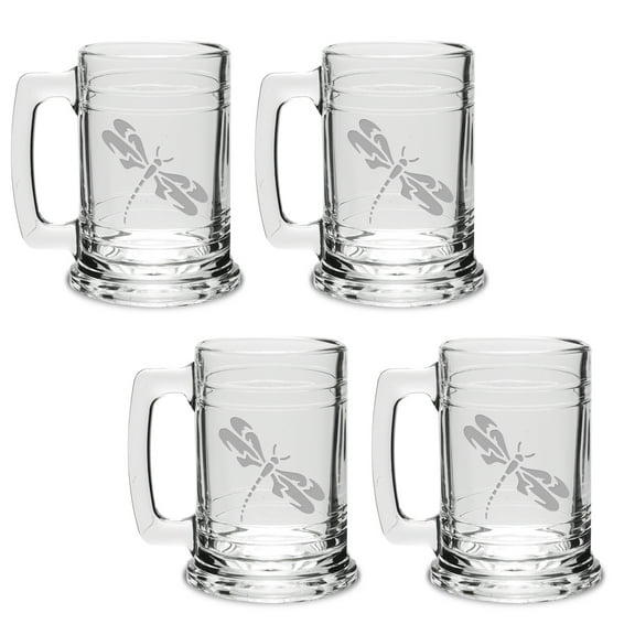 Dragonfly Deep Etched Glass Tankard Mug Set of 4