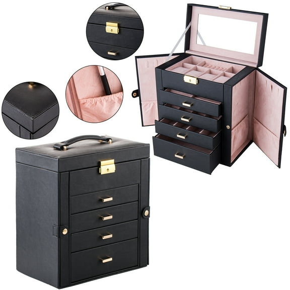 FxolFck Synthetic Leather Huge Jewelry Box Mirrored Watch Organizer Necklace Ring Earring Storage Lockable Gift Case Black