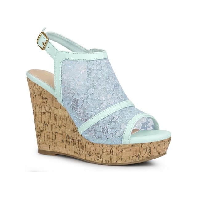 BLISSFUL STEP Women's Shoes Open Toe Platform Heel Laces Wedge Sandals Blue Flower 6
