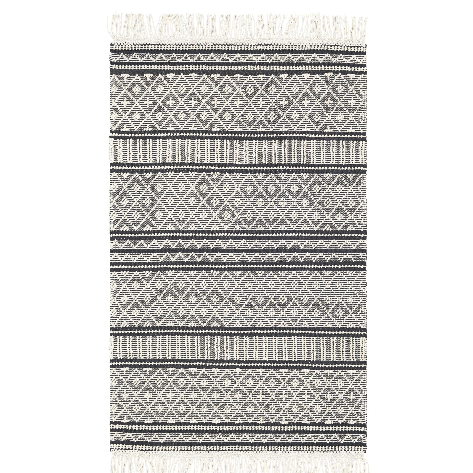 Black And White Striped Rug 2'6" x 8’ Black and White Geometric Striped Pattern Rectangular Hand