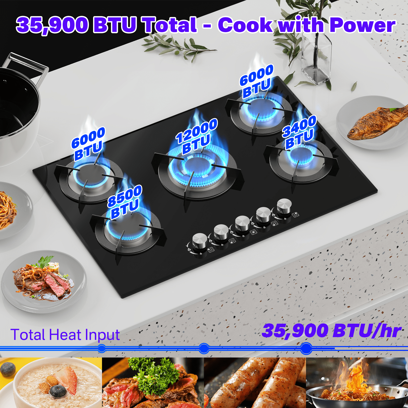 Graceall Kitchen Gas Stove Top with 5 Burners,Built-in Tempered Glass Gas Cooktop, LPG/NG Propane Stove Top For Cooking,NG/LPG Convertible,Thermocouple Protection,35900BTU