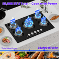 thumbnail image 2 of Graceall Kitchen Gas Stove Top with 5 Burners,Built-in Tempered Glass Gas Cooktop, LPG/NG Propane Stove Top For Cooking,NG/LPG Convertible,Thermocouple Protection,35900BTU, 2 of 7