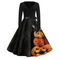 thumbnail image 2 of Halloween Dresses for Women Spider Witch Hat Long Sleeve Hepburn Cocktail Fall Dresses V Neck 1950s Casual Funny Dress with Belt 2XL, 2 of 5