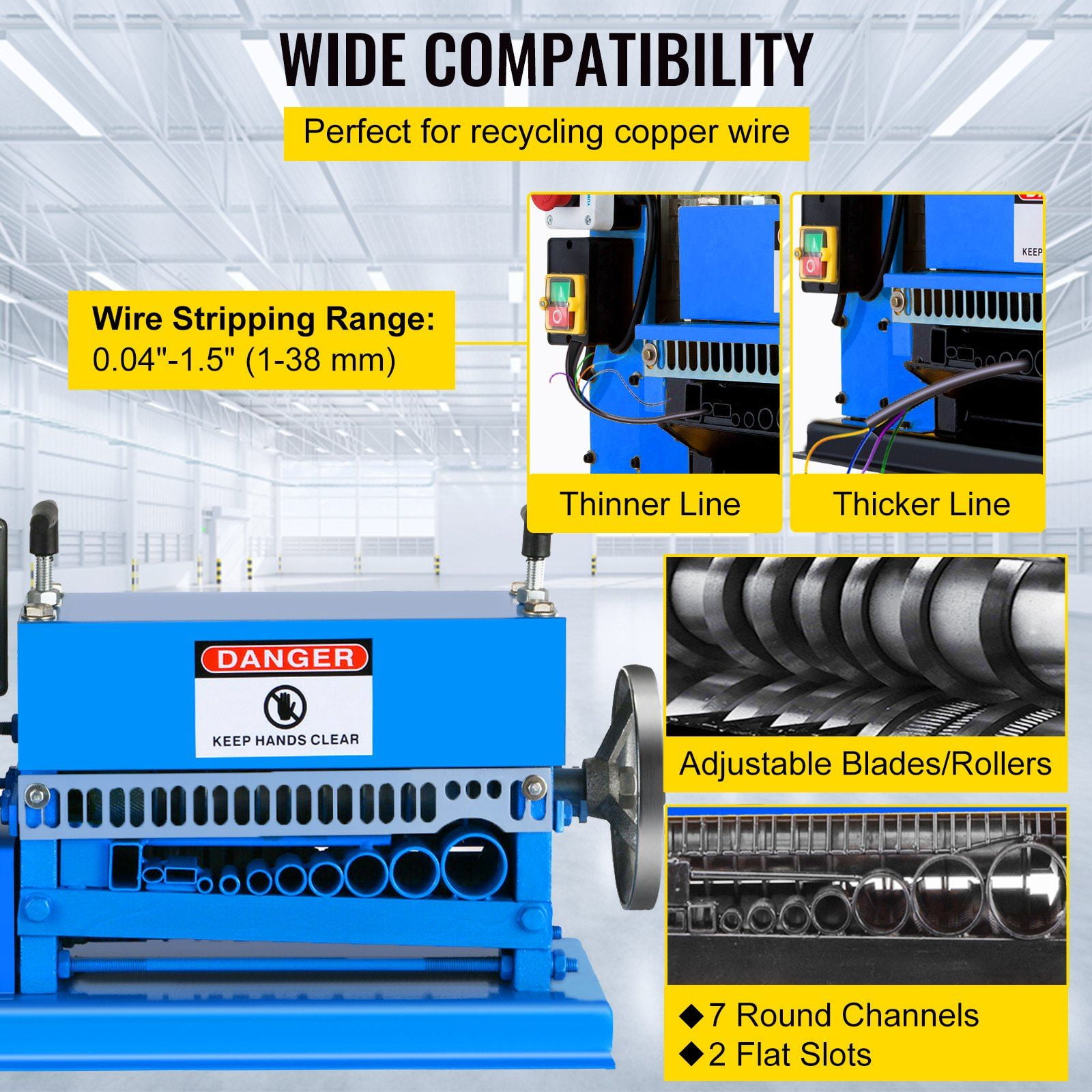 Automatic Wire Stripper Machine with Manual Hand Crank - 11 Channels 10 Blades, Strips 0.06-1.5 Inch Copper Wires for Industrial Recycling