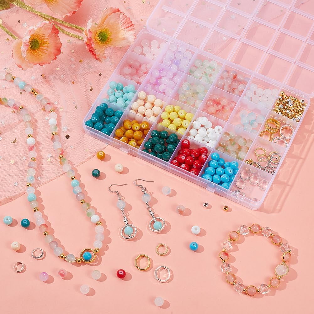 PH 860PCS Glass Beads for Jewelry Making 20 Colors 8mm Beads Bracelet Making Kit with Iron Spacer Beads and Alloy Bead Frame for DIY Beading Necklace Adults Beginners Colorful