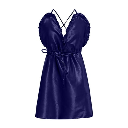

Summer Savings Clearance 2023! WJSXC Ladies Fashion Solid Color Erotic Ruffle Deep V Satin Camisole Nightdress Navy L