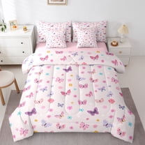 Homewish Flying Colorful Butterflies 7-Piece Bedding Comforter Set For Teens,Chic Flowers Blossoms King Bedding Sets,Spring Garden Ultra Soft Bed Sheets,Luxury Bedroom Decor,Reversible