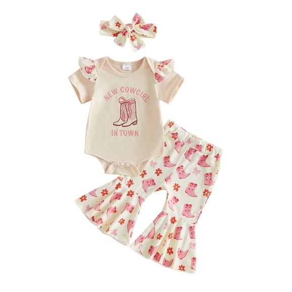 BemeyourBBs Western Baby Girl Summer Clothes Infant Baby Girl Cowgirl Outfit Newborn Coming Home Outfits Boots Flower Bow Short Sleeve Romper Flared Pants Headband Set