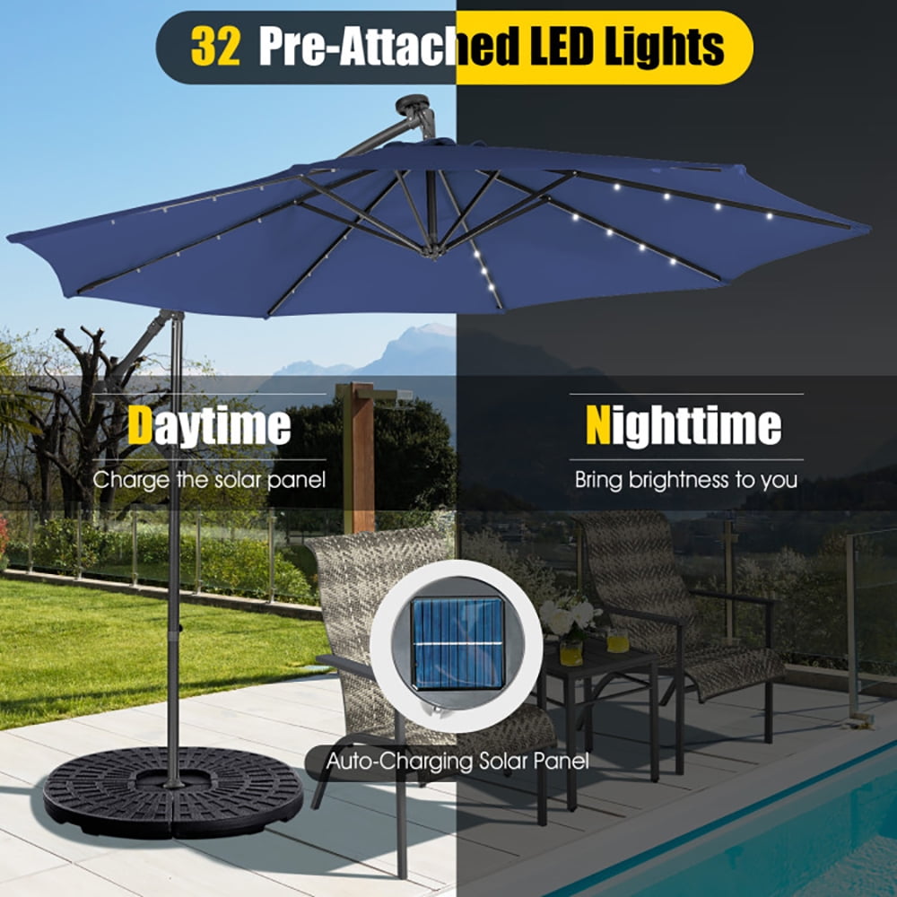 Aimee Lii 10 Feet Patio Solar Powered Cantilever Umbrella with Tilting System, Sunbrella Patio Umbrellas, Navy Aimee Lii 10 Feet Patio Solar Powered Cantilever Umbrella with Tilting System, Sunbrella Patio Umbrellas, Navy