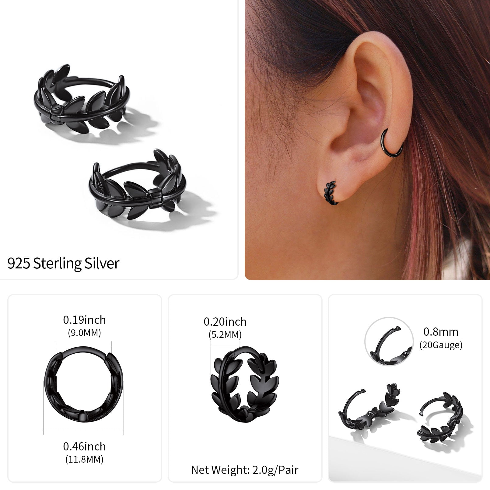 ChicSilver Women Black Hoop Earrings 925 Sterling Silver Small Leaf Round Huggie Earrings Charm Birthday Christmas Jewelry Gift