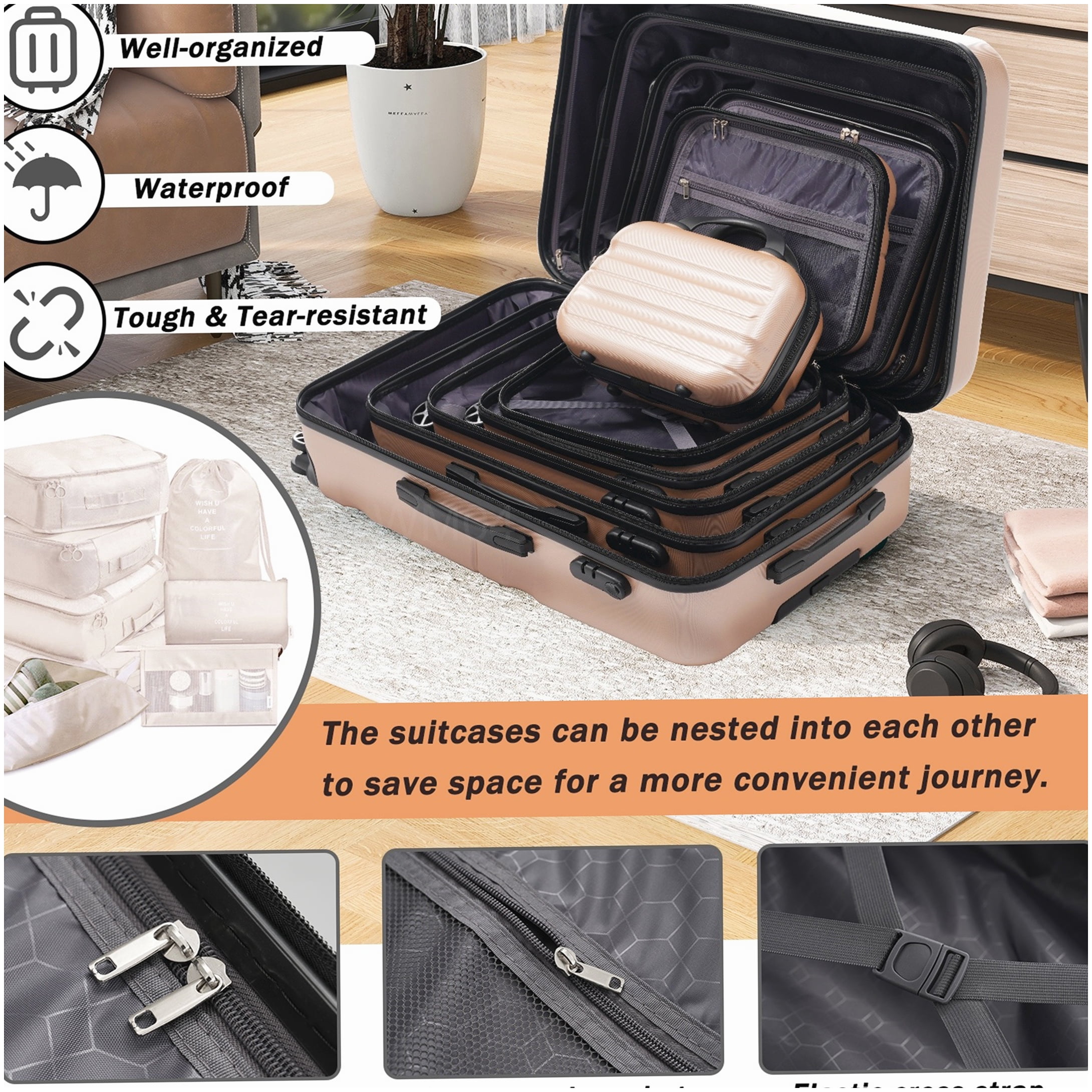 Durable Hardshell Suitcase Set with 8 Wheels, ABS Carry On and Checked Luggage in Champagne for Adults