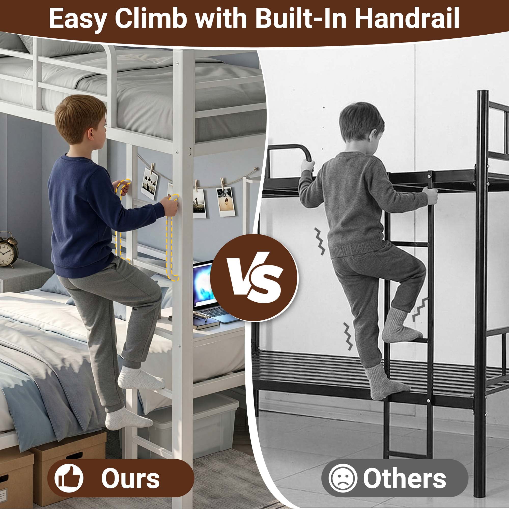 Miniyam Twin over Full Metal Bunk Bed with Desk and Storage, White