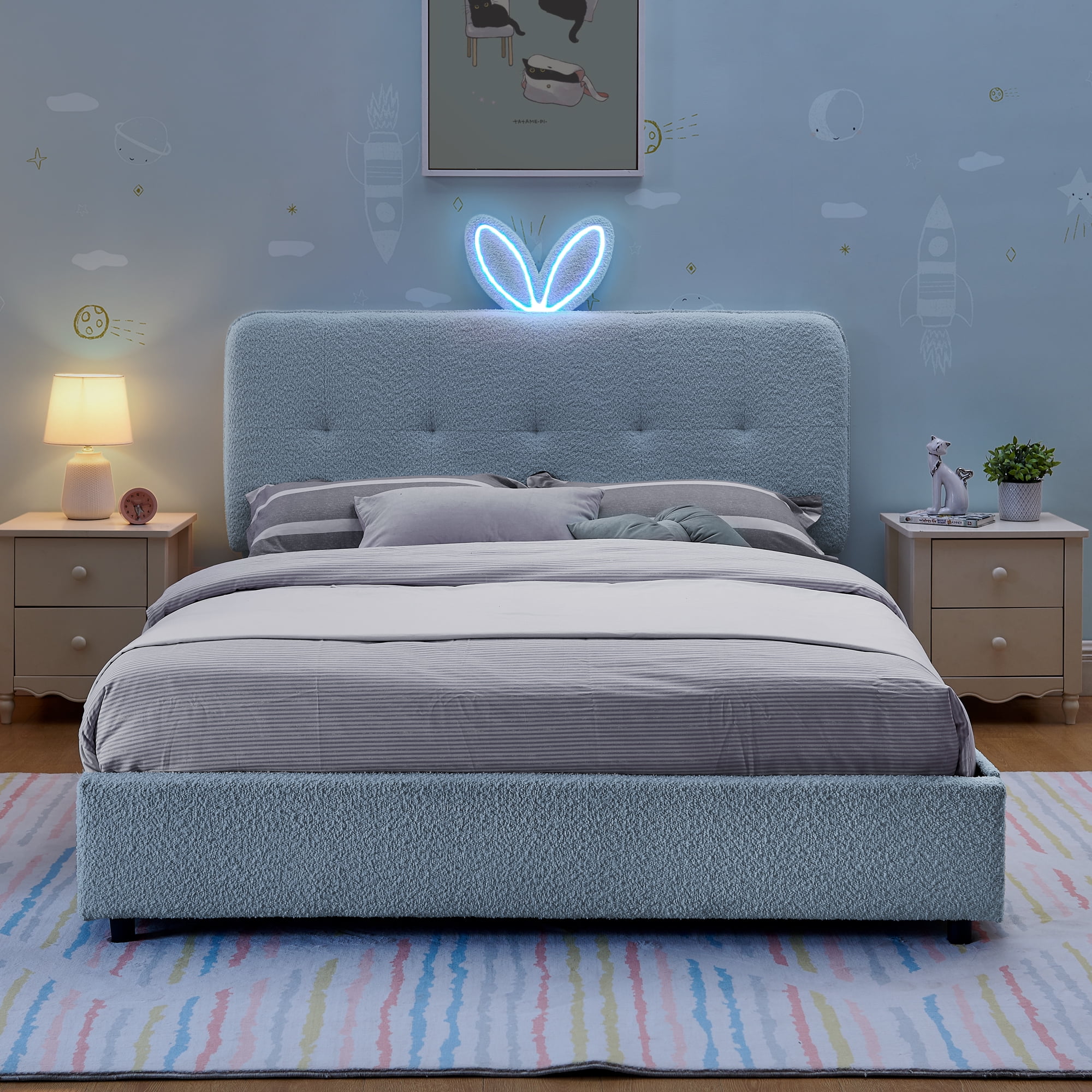Mintazer Full Upholstered Kids Bed with Oversized Rabbit Ear Headboard, Boucle Fabric Platform Bed with LED Headboard & 4 Storage Drawers, Blue