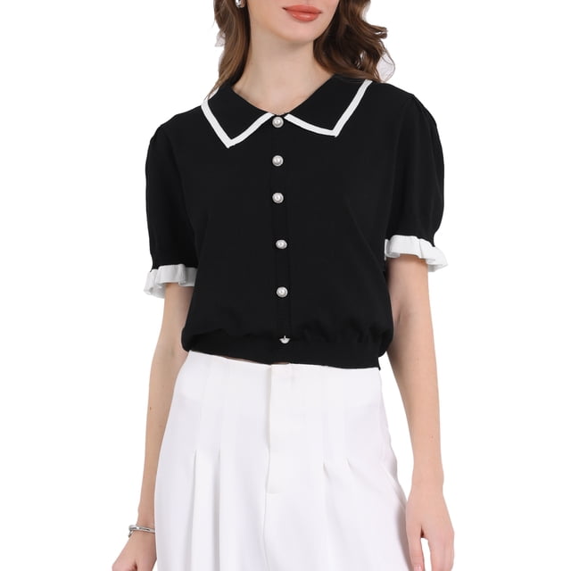 INSPIRAR CHIC Blusa Vintage de Punto con Cuello de Solapa y Mangas Abullonadas para Mujeres 2XL Negra