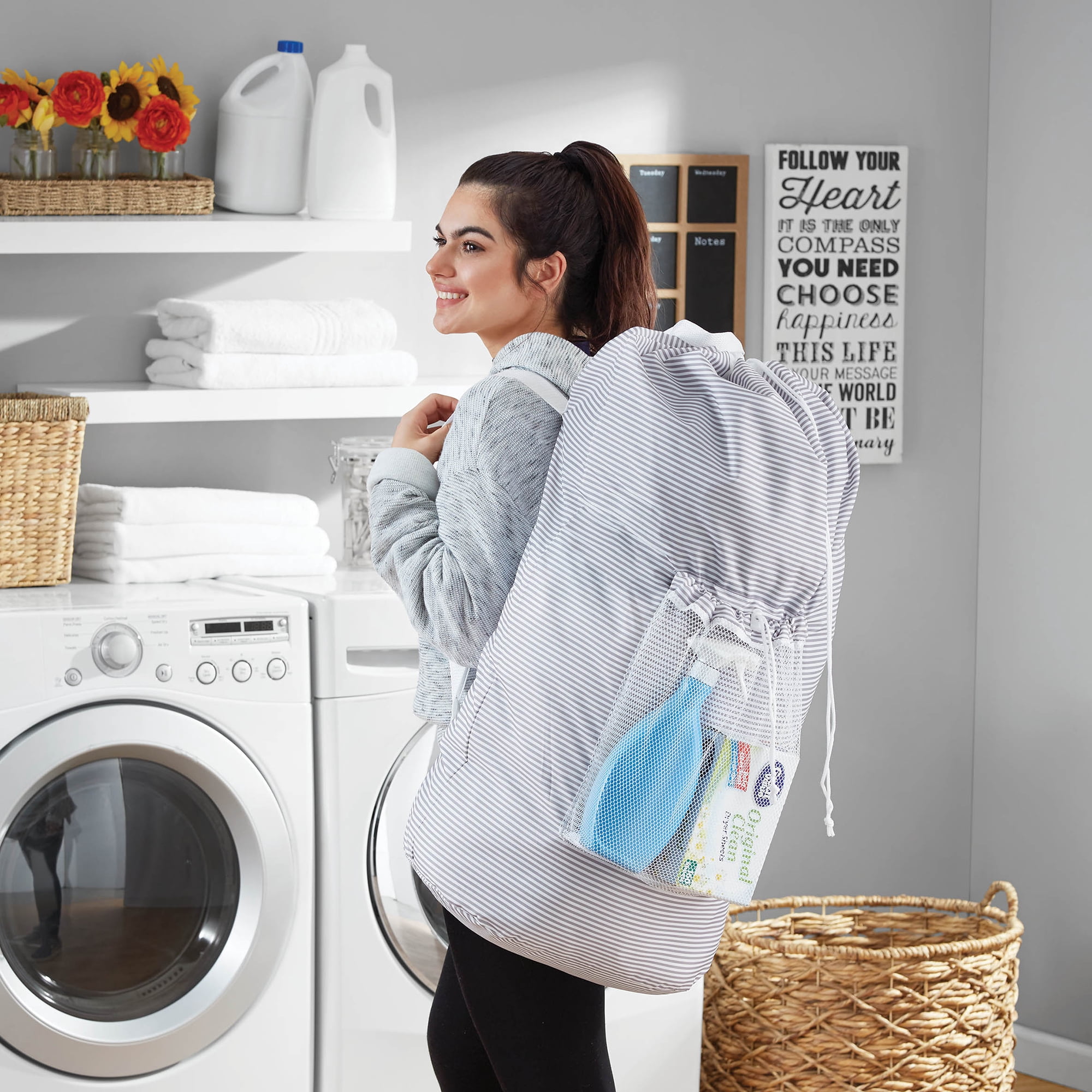 (3 pack) Mainstays Arctic White and Soft Silver Backpack Laundry Bag with Mesh Pocket 15"W x 11"D x 32"H, Adult