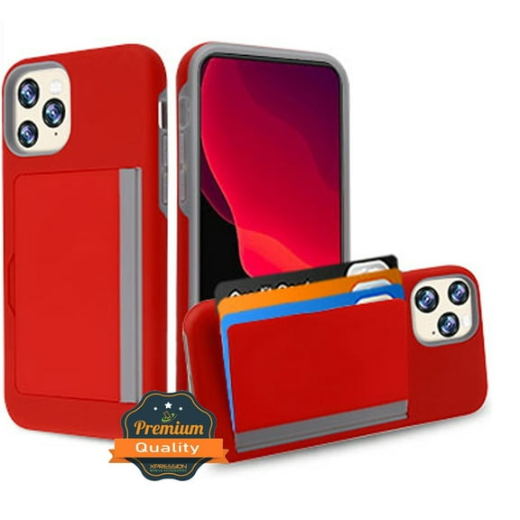 Apple iPhone 11 PRO MAX Wallet Phone Case Protective Cover with 3 Cedit Cards ID Holder Slots [Slim] Heavy Duty Shockproof Hybrid Rubber Hard PC   TPU Armor RED Case Cover for iPhone 11 Pro Max