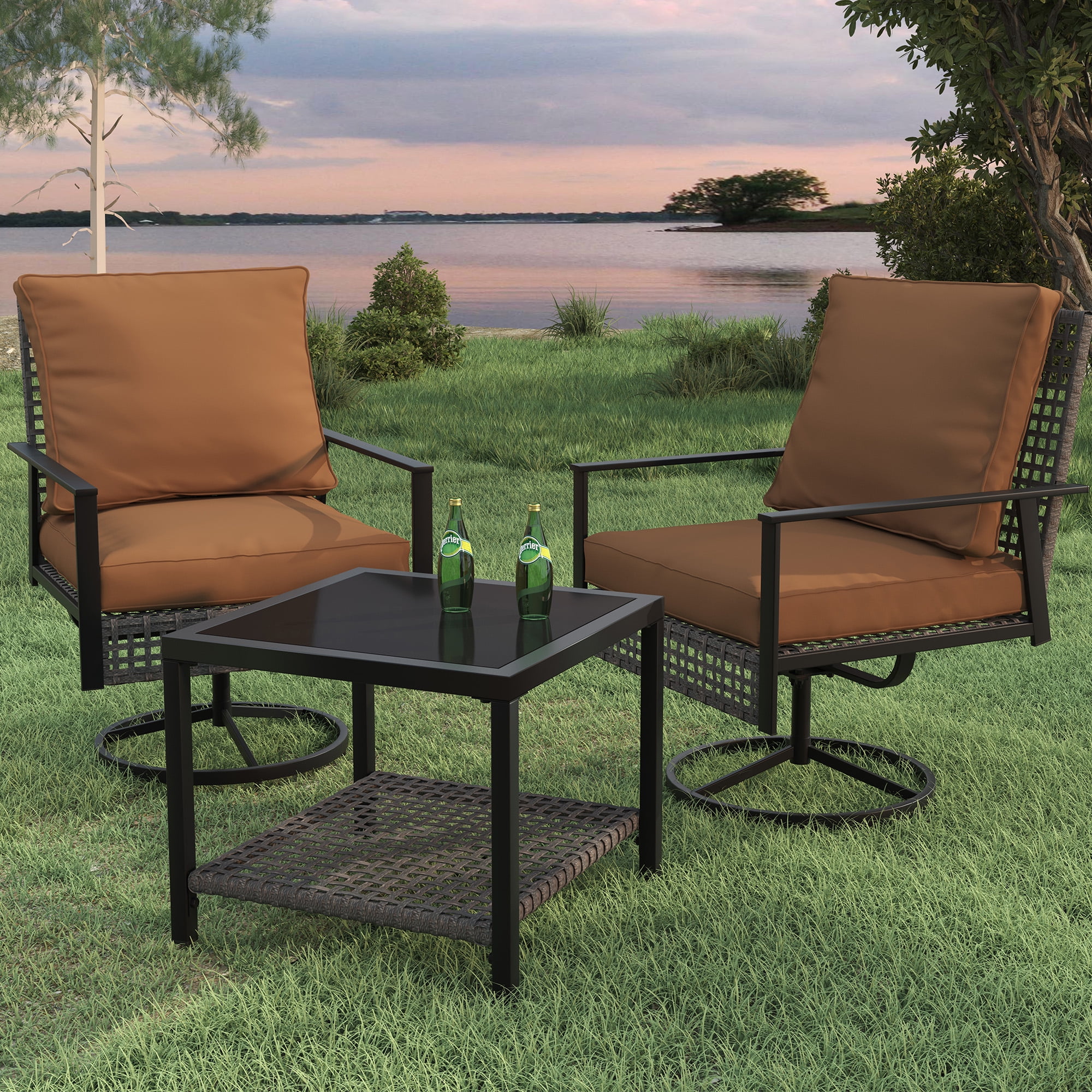 Ainfox Outdoor Sectional Conversation Set, Rattan Chairs with Ottoman, Perfect for Lawn & Backyard - 3 Pieces
