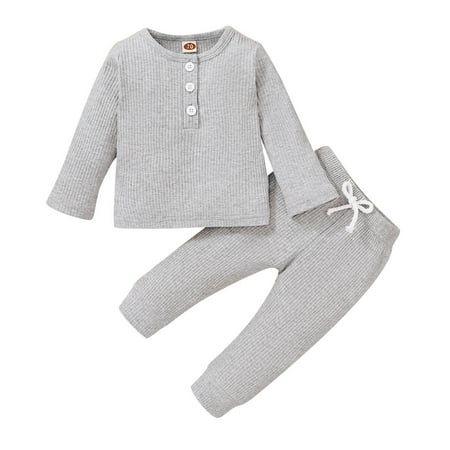 

6 Months Baby Boy Clothes 12 Months Infant Boys Fall Winter Outfits Long Sleeve Round Neckline Tops Pants Set Gray