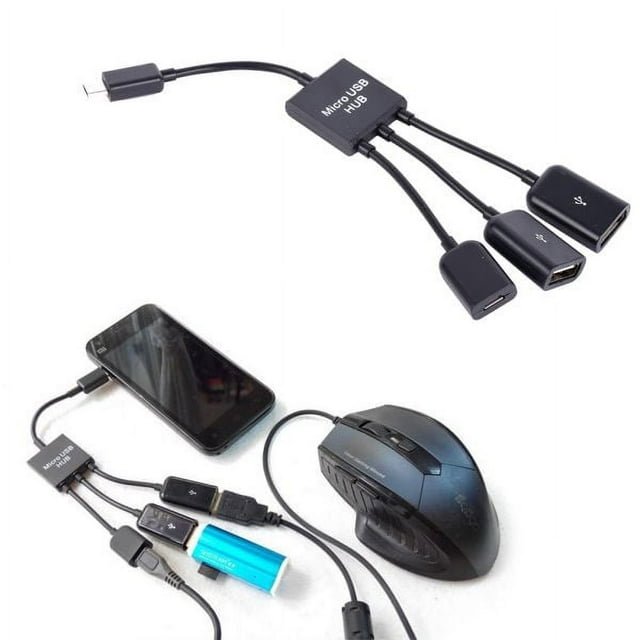 3 in 1 USB OTG Cable Adapter 3 in 1 Micro USB HUB Adaptor with Power 3-Port Charging OTG Host Cable Cord Adapter Micro USB Hub USB OTG Extension Adapter for Smartphone and Tablet Black