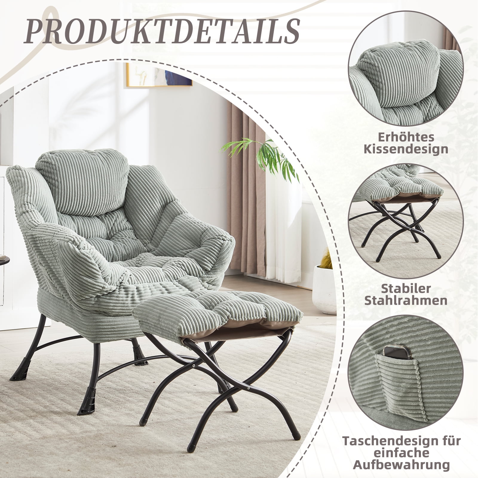 MOONMISS Accent Chair with Ottoman,with Armrests and Side Pockets、 Footrest for Living Room,Light Green