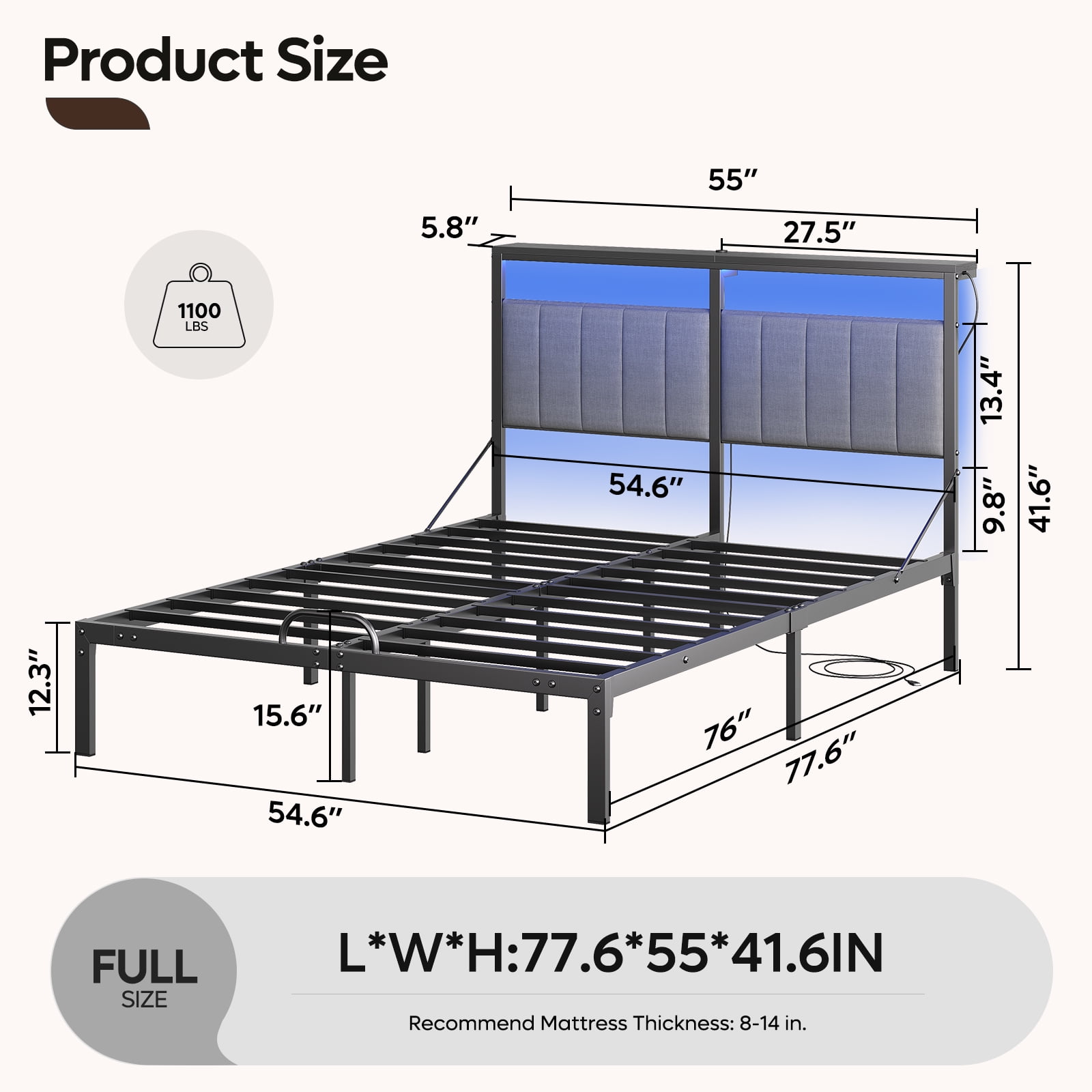 Full Size Bed with Upholstered Headboard | Bestier Metal Platform Bedframe with LED Lights, USB Charging Station & Storage Shelf, Gray Fabric