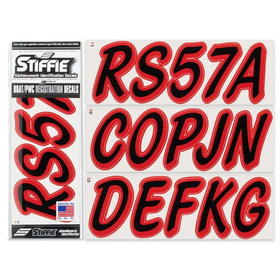 STIFFIE Whipline Solid Black/Red 3" Alpha-Numeric Registration Identification Numbers Stickers Decals for Boats & Personal Watercraft