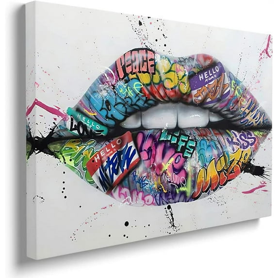 Lips Graffiti Canvas Wall Art Poster Prints Colorful Picture Artwork Sexy Lips Wall Decor for Bedroom Living Room Office Decoration - 12x18 Inch