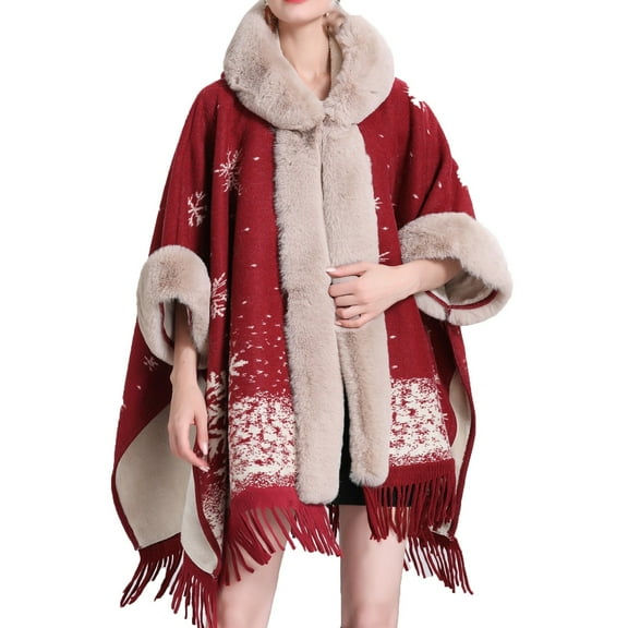 Wancir Poncho Hooded Shawl Wrap Women Cape Winter Faux Fur Trim Coat Sleeveless Cardigan Dressy Cloak for Party