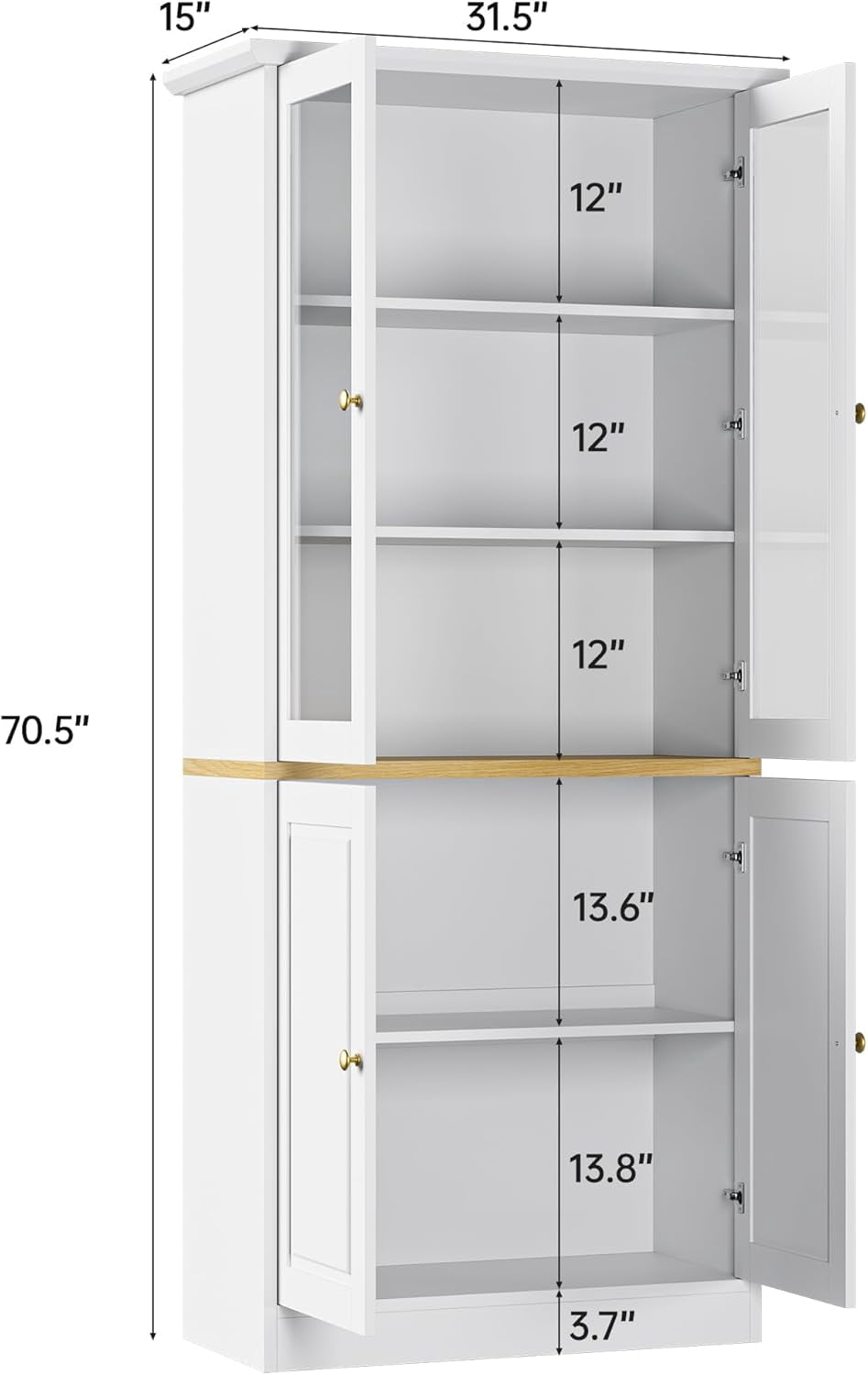 SELOOYE Kitchen Pantry Cabinet, 71" Modern Glass Display Cabinet with Wood Doors, Tall Storage Cabinet with Adjustable Shelves, Freestanding Cupboard for Living Room, Dining Room, Kitchen, White