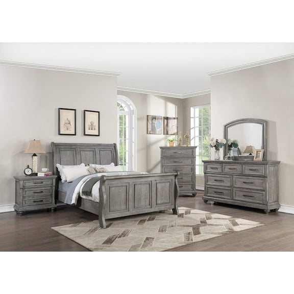 Transitional Beautiful Grey Hues 4pc Bedroom Furniture Est King Size Bed Dresser Mirror Nightstand Sleigh Design Veneer Plywood