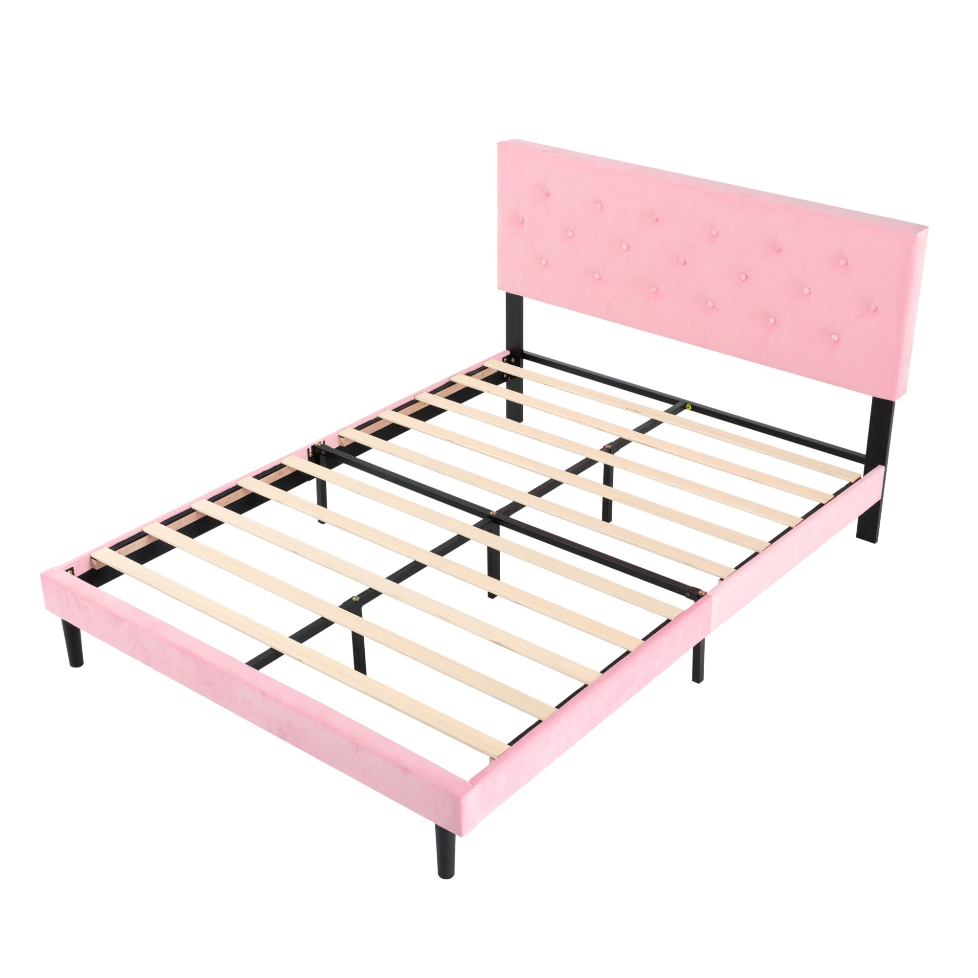 Gewnee Queen Size Bed Frame,Velvet Platform Bed with Upholstered Button Headboard,Modern Bedroom Furniture with Wood Support,No Box Spring Needed,Pink