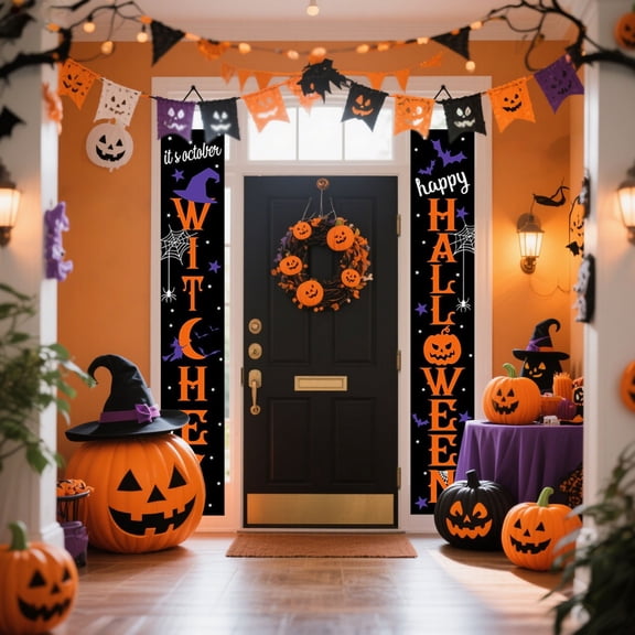 MInHoues 5.9 FT Halloween Porch Banner Set, October Witches & Happy Halloween Vertical Door Sign for Indoor Outdoor Front Door Wall Yard Party Decor，2 Pack