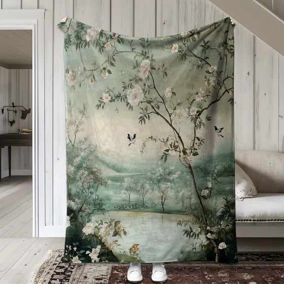 Open blanket vintage green plant flower tree bird print blanket warm and comfortable soft blanket suitable for sofa bed sofa car office flannel room camping travel