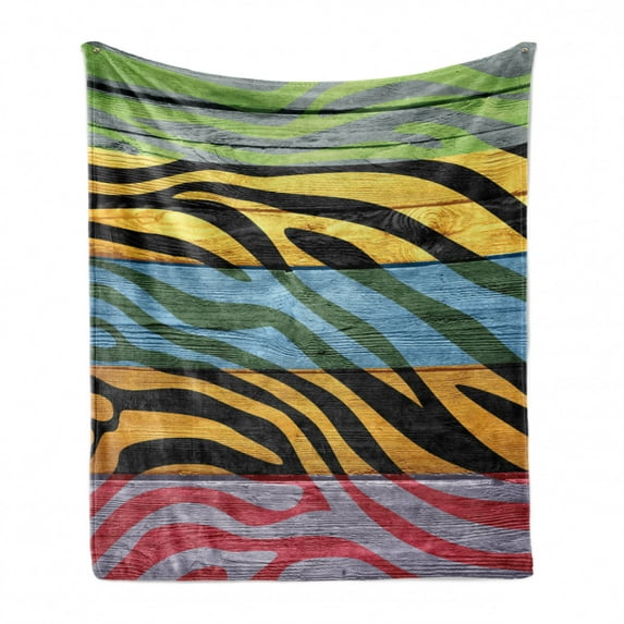 Zebra Print Soft Flannel Fleece Blanket, Colorful Zebra Print on Hardwood Timber Creative Contemporary Art Print, Cozy Plush for Indoor and Outdoor Use, 50" x 60", Green Yellow Black, by Ambesonne