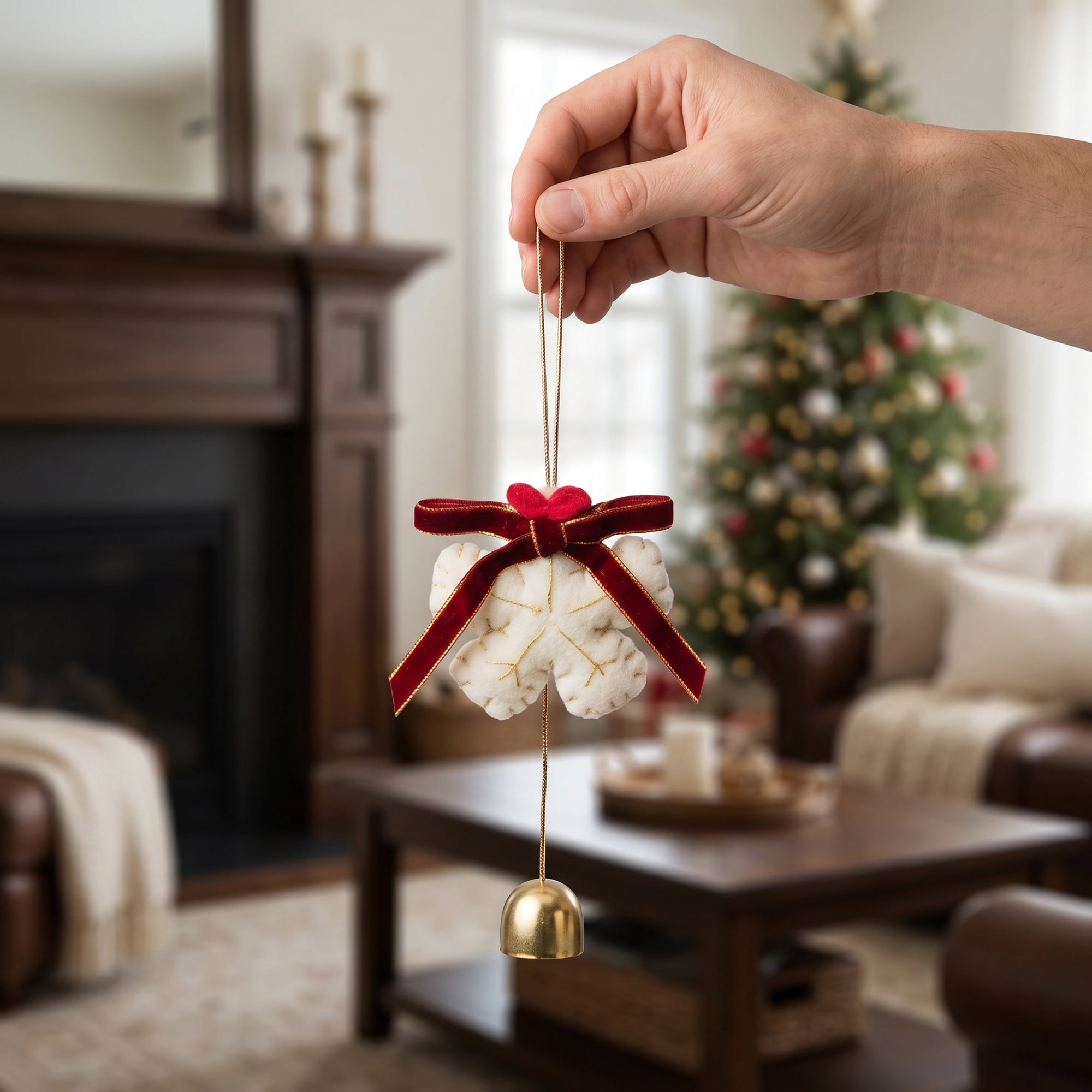 Unique Bargains 2Pcs Protection Velvet Hanging Metal Bells Copper White Snow Decor 3.5"L x 0.8"W x 6.3"H