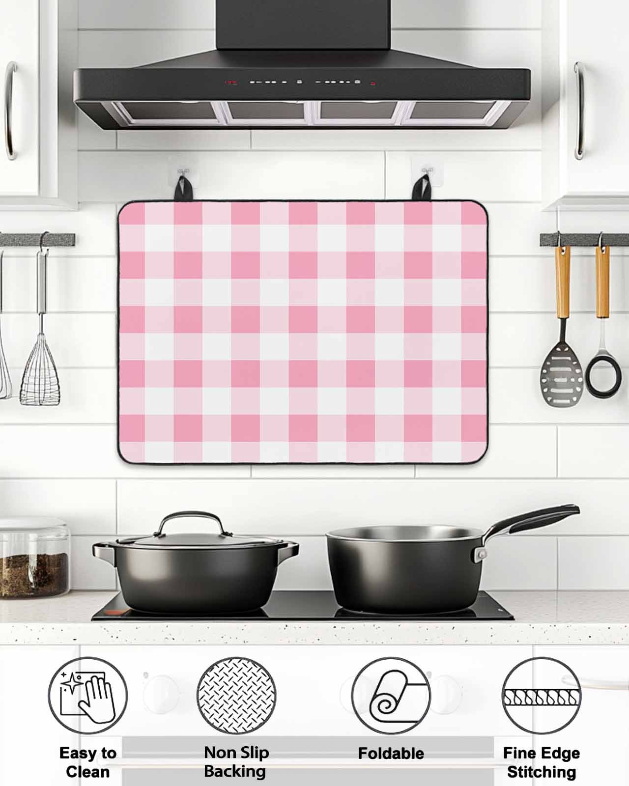 Stove Top Covers for Electric Stove, Pink Checkered Glass Stovetop Cover Protector, Pink White Buffalo Plaid Induction Cooktop Protector Oven Mat for Kitchen Countertop 24"x21"