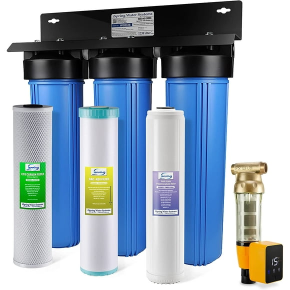 iSpring Whole House Water Filter System w/Auto-Flushing Spin Down Sediment Filter, Polyphosphate Anti-Scale, GAC+KDF, and Carbon Block Filter, Water Descaler and Filter, WGB32B-KDS+WSP50ARB