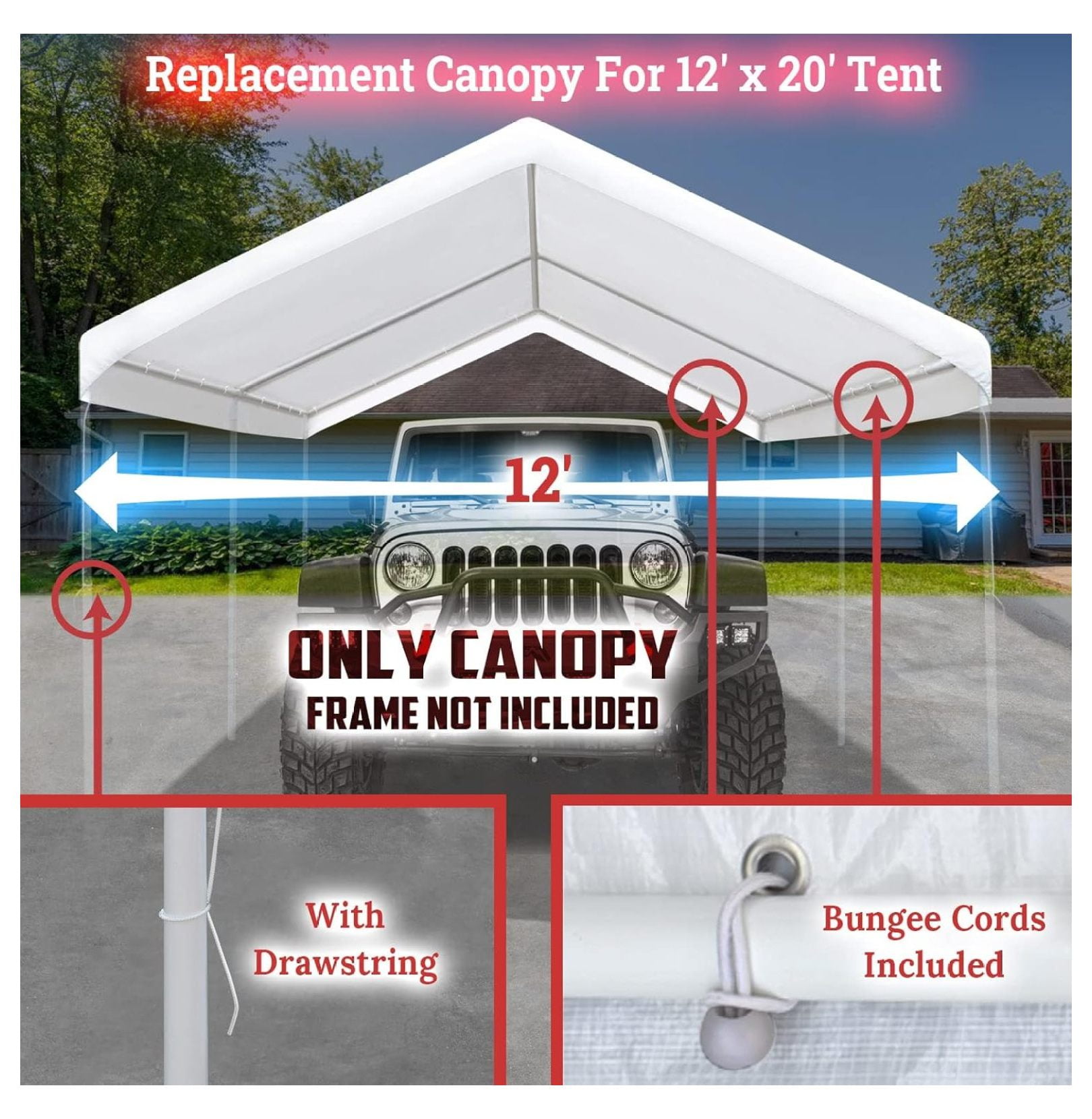 Muli-ti Size Carport Replacement Canopy Garage Top Tarp Shelter Cover w Bungee Cords, Canopy Onl with Edge (12'x20')