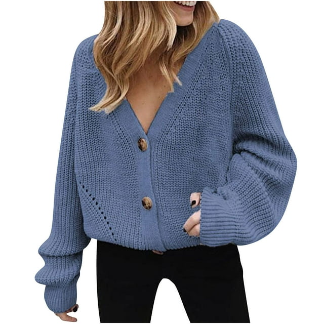 LOVZFMLL Women's Sweaters V-Neck Ribbed Cardigan Sweaters Solid Color Button Casual Loose Long Sleeve Tops Warm Fall Winter Clothes
